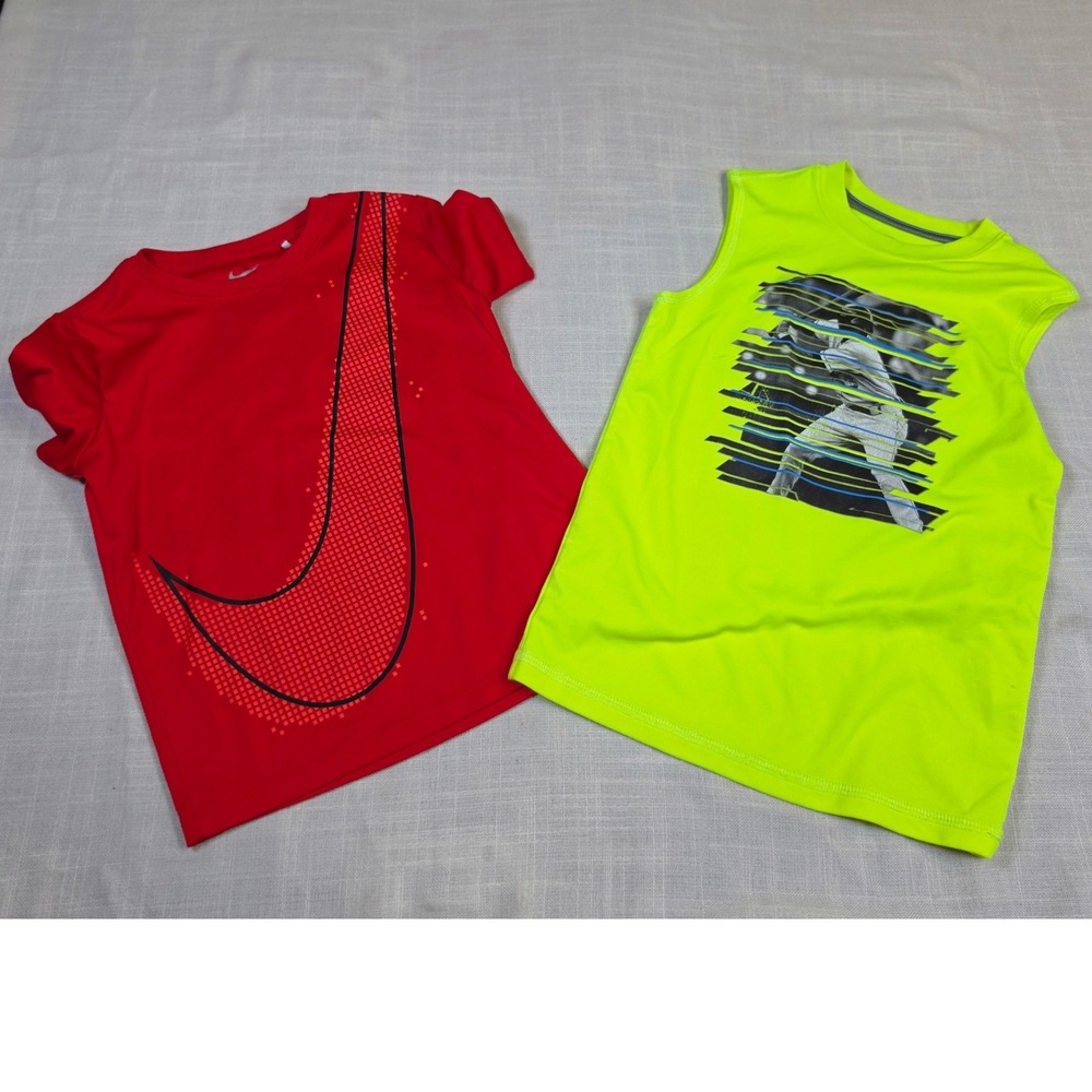 Nike Boys Dri-FIT Red Swoosh Shirt & Starter Neon Baseball Tank Bundle Size 4-5